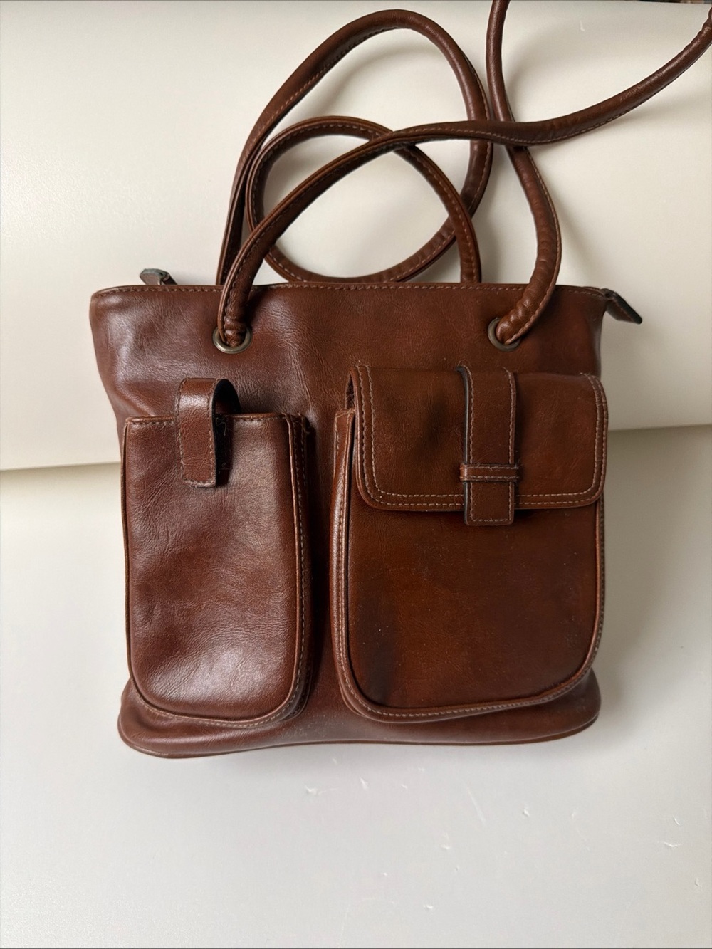 Classic Brown Leather Tote Bag with Front Pockets